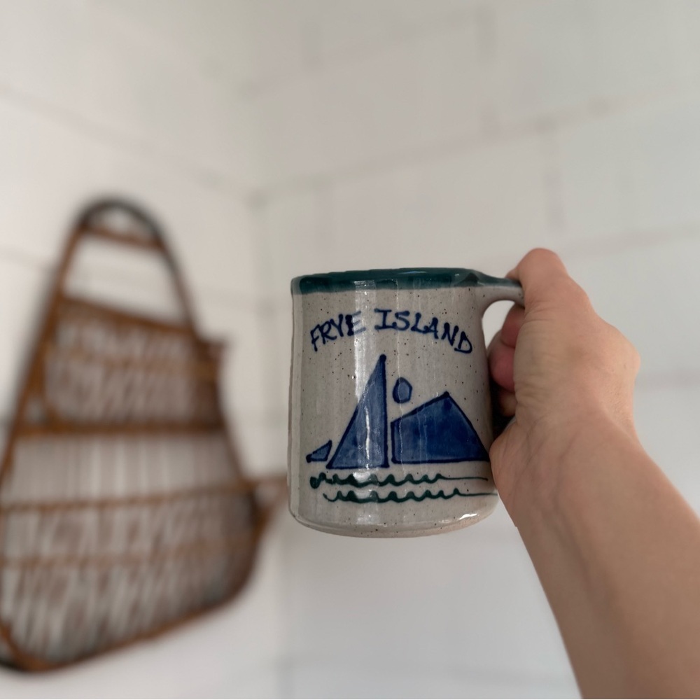 Frye Island Great Bay Pottery Ceramic Mug with Blue abstract ocean island Design